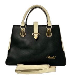 Besto V Faux Leather Black and Bone Satchel Shoulder Bag with Gold Hardw…